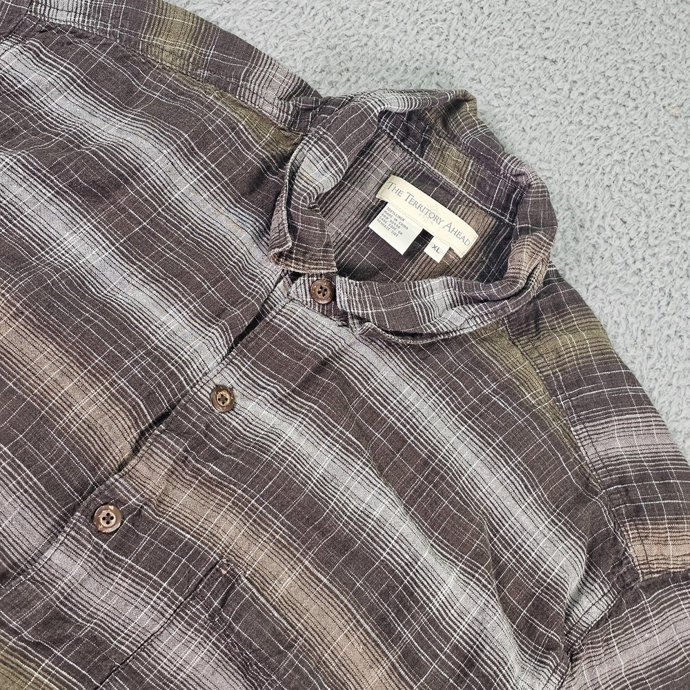 The Territory Ahead Shirt Mens XL Brown Plaid 100% Linen Short Sleeve Casual
